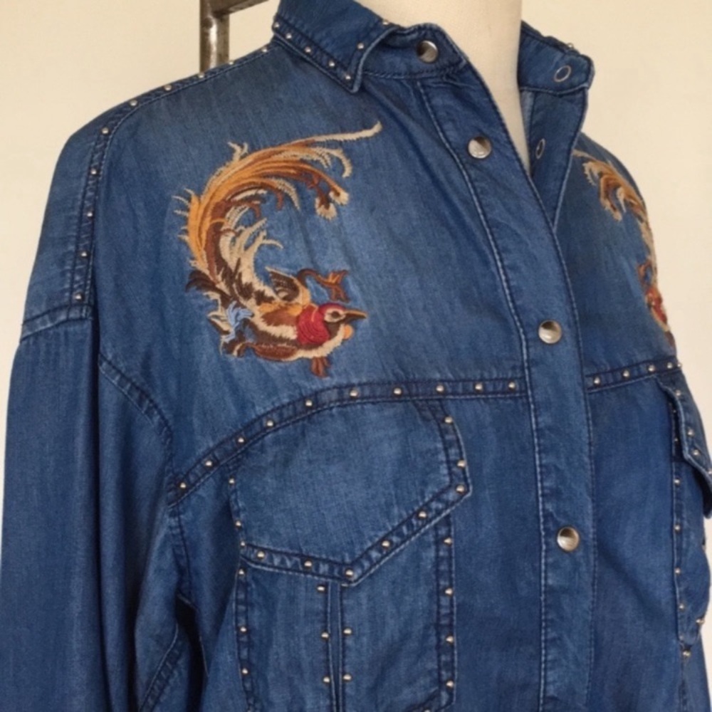 The Kooples embroidered boxy western style shirt, pearl snaps, birds S